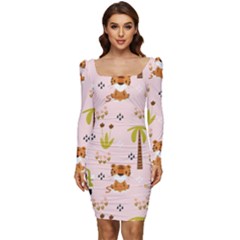 Cute Tiger Car Safari Seamless Pattern Women Long Sleeve Ruched Stretch Jersey Dress by Simbadda