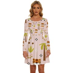 Cute Tiger Car Safari Seamless Pattern Long Sleeve Wide Neck Velvet Dress by Simbadda