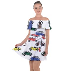 Cars Pattern Off Shoulder Velour Dress by Simbadda