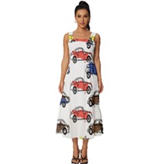 Cars Pattern Square Neckline Tiered Midi Dress by Simbadda