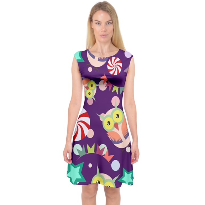 Owl Pattern Background Capsleeve Midi Dress