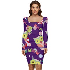 Owl Pattern Background Women Long Sleeve Ruched Stretch Jersey Dress