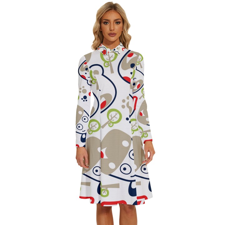 Animals Pattern Long Sleeve Shirt Collar A-Line Dress