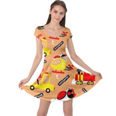 Seamless Pattern Cartoon With Transportation Vehicles Cap Sleeve Dress