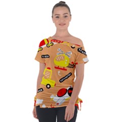 Seamless Pattern Cartoon With Transportation Vehicles Off Shoulder Tie-Up Tee