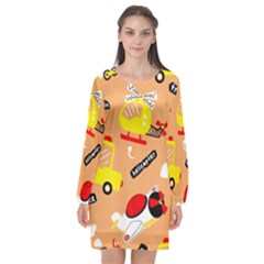 Seamless Pattern Cartoon With Transportation Vehicles Long Sleeve Chiffon Shift Dress 