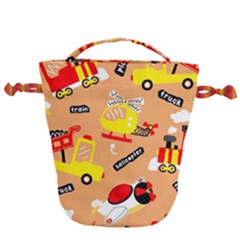 Seamless Pattern Cartoon With Transportation Vehicles Drawstring Bucket Bag