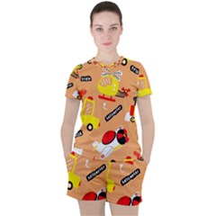 Seamless Pattern Cartoon With Transportation Vehicles Women s Tee and Shorts Set