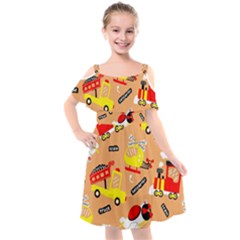 Seamless Pattern Cartoon With Transportation Vehicles Kids  Cut Out Shoulders Chiffon Dress