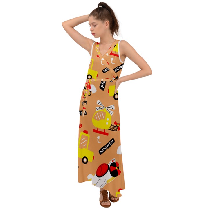 Seamless Pattern Cartoon With Transportation Vehicles V-Neck Chiffon Maxi Dress