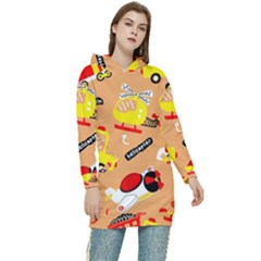 Seamless Pattern Cartoon With Transportation Vehicles Women s Long Oversized Pullover Hoodie