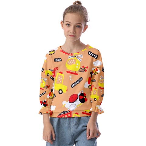 Seamless Pattern Cartoon With Transportation Vehicles Kids  Cuff Sleeve Top by Simbadda