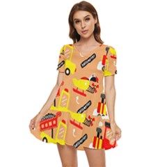 Seamless Pattern Cartoon With Transportation Vehicles Tiered Short Sleeve Babydoll Dress