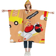 Seamless Pattern Cartoon With Transportation Vehicles Women s Hooded Rain Ponchos