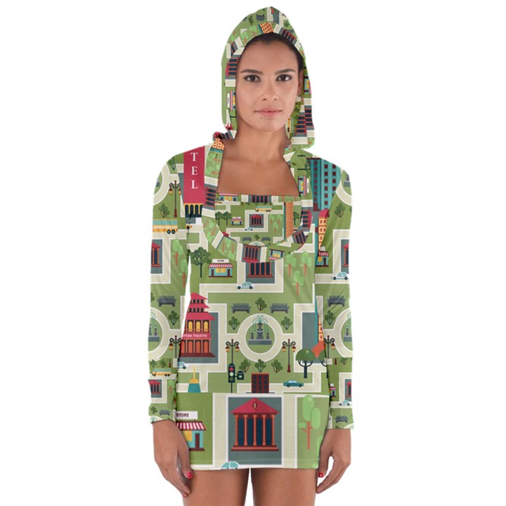 City Seamless Pattern Long Sleeve Hooded T-shirt