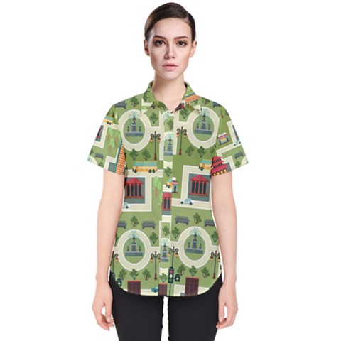 City Seamless Pattern Women s Short Sleeve Shirt by Simbadda