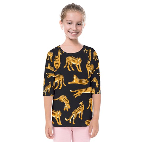 Seamless Exotic Pattern With Tigers Kids  Quarter Sleeve Raglan Tee by Simbadda