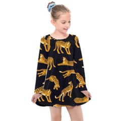 Seamless Exotic Pattern With Tigers Kids  Long Sleeve Dress by Simbadda