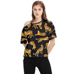 Seamless Exotic Pattern With Tigers One Shoulder Cut Out Tee by Simbadda