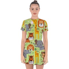 Seamless Pattern Vector With Animals Wildlife Cartoon Drop Hem Mini Chiffon Dress by Simbadda