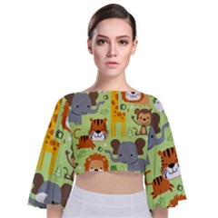 Seamless Pattern Vector With Animals Wildlife Cartoon Tie Back Butterfly Sleeve Chiffon Top by Simbadda