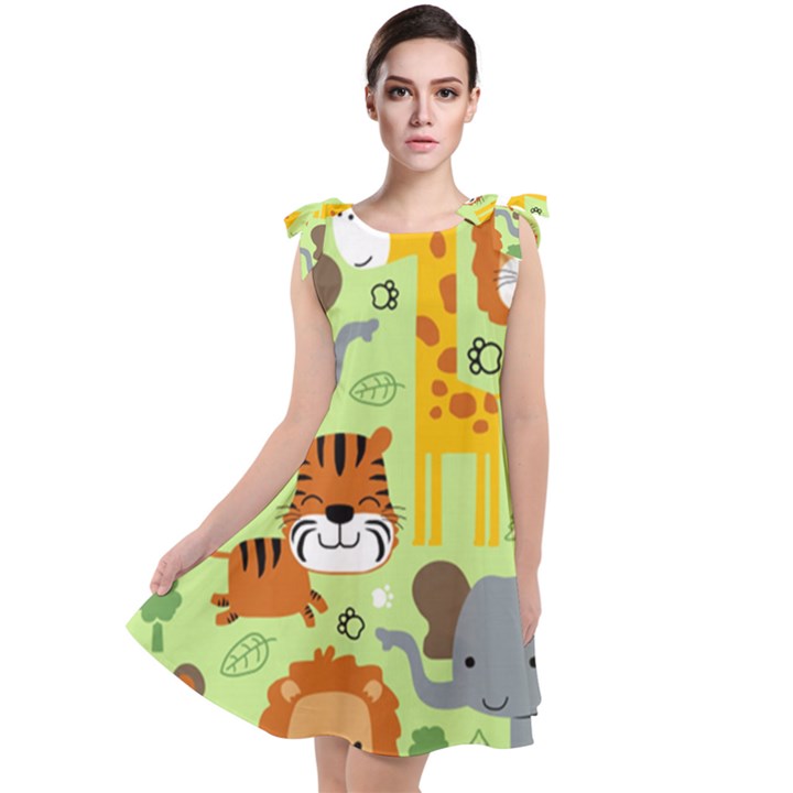 Seamless Pattern Vector With animals Wildlife Cartoon Tie Up Tunic Dress