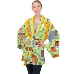 Seamless Pattern Vector With Animals Wildlife Cartoon Long Sleeve Velvet Kimono  by Simbadda