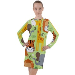 Seamless Pattern Vector With Animals Wildlife Cartoon Long Sleeve Hoodie Dress by Simbadda