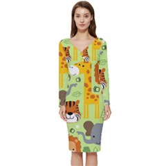 Seamless Pattern Vector With Animals Wildlife Cartoon Long Sleeve V-neck Bodycon Dress  by Simbadda