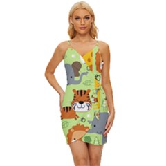 Seamless Pattern Vector With Animals Wildlife Cartoon Wrap Tie Front Dress by Simbadda