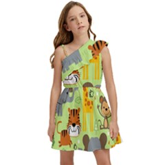 Seamless Pattern Vector With Animals Wildlife Cartoon Kids  One Shoulder Party Dress by Simbadda