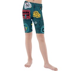 Seamless Pattern Hand Drawn With Vehicles Buildings Road Kids  Mid Length Swim Shorts by Simbadda