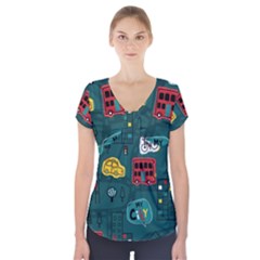 Seamless Pattern Hand Drawn With Vehicles Buildings Road Short Sleeve Front Detail Top by Simbadda