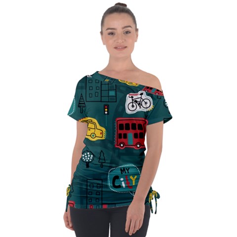 Seamless Pattern Hand Drawn With Vehicles Buildings Road Off Shoulder Tie-up Tee by Simbadda