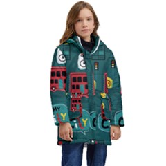 Seamless Pattern Hand Drawn With Vehicles Buildings Road Kids  Hooded Longline Puffer Jacket by Simbadda