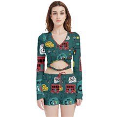 Seamless Pattern Hand Drawn With Vehicles Buildings Road Velvet Wrap Crop Top And Shorts Set by Simbadda