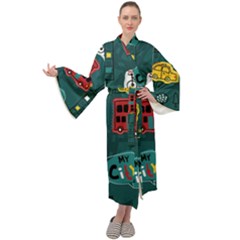 Seamless Pattern Hand Drawn With Vehicles Buildings Road Maxi Velvet Kimono by Simbadda