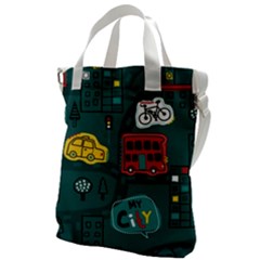 Seamless Pattern Hand Drawn With Vehicles Buildings Road Canvas Messenger Bag by Simbadda