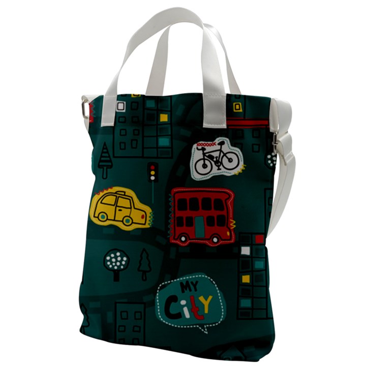 Seamless Pattern Hand Drawn With Vehicles Buildings Road Canvas Messenger Bag