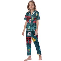 Seamless Pattern Hand Drawn With Vehicles Buildings Road Kids  Satin Short Sleeve Pajamas Set by Simbadda