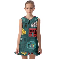 Seamless Pattern Hand Drawn With Vehicles Buildings Road Kids  Pilgrim Collar Ruffle Hem Dress by Simbadda