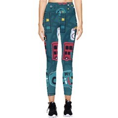 Seamless Pattern Hand Drawn With Vehicles Buildings Road Pocket Leggings 