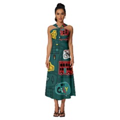 Seamless Pattern Hand Drawn With Vehicles Buildings Road Sleeveless Cross Front Cocktail Midi Chiffon Dress by Simbadda