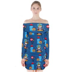 Racing-car-printing-set-cartoon-vector-pattern Long Sleeve Off Shoulder Dress by Simbadda