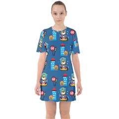 Racing-car-printing-set-cartoon-vector-pattern Sixties Short Sleeve Mini Dress by Simbadda