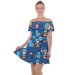 Racing-car-printing-set-cartoon-vector-pattern Off Shoulder Velour Dress by Simbadda