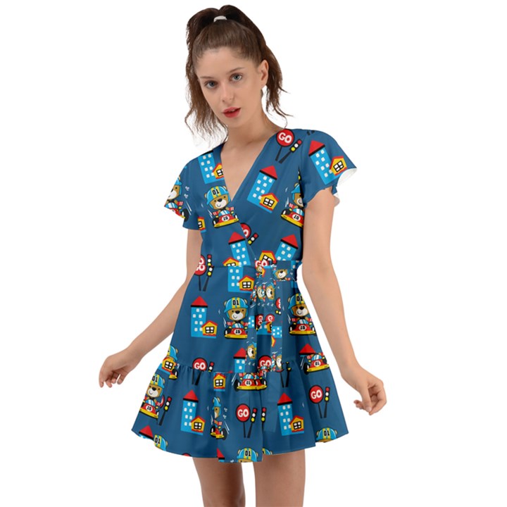 Racing-car-printing-set-cartoon-vector-pattern Flutter Sleeve Wrap Dress