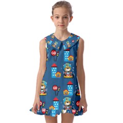 Racing-car-printing-set-cartoon-vector-pattern Kids  Pilgrim Collar Ruffle Hem Dress by Simbadda