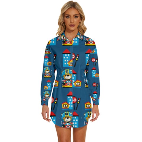 Racing-car-printing-set-cartoon-vector-pattern Womens Long Sleeve Shirt Dress by Simbadda