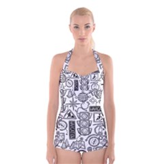 Navigation-seamless-pattern Boyleg Halter Swimsuit  by Simbadda